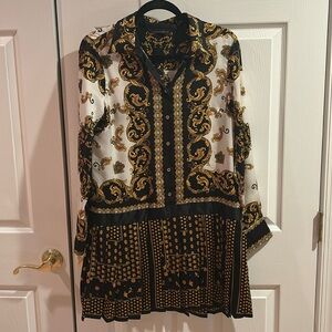 NWOT ZARA BLACK WHITE GOLD BAROQUE PRINT MINI DRESS/ TUNIC SZ M
